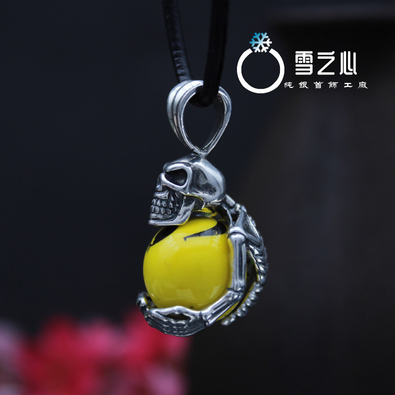骷髅挂坠雪之心925银无孔珠子托