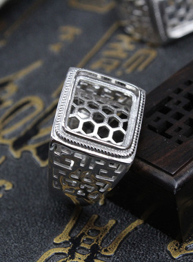 纯银双层长方形戒指空托