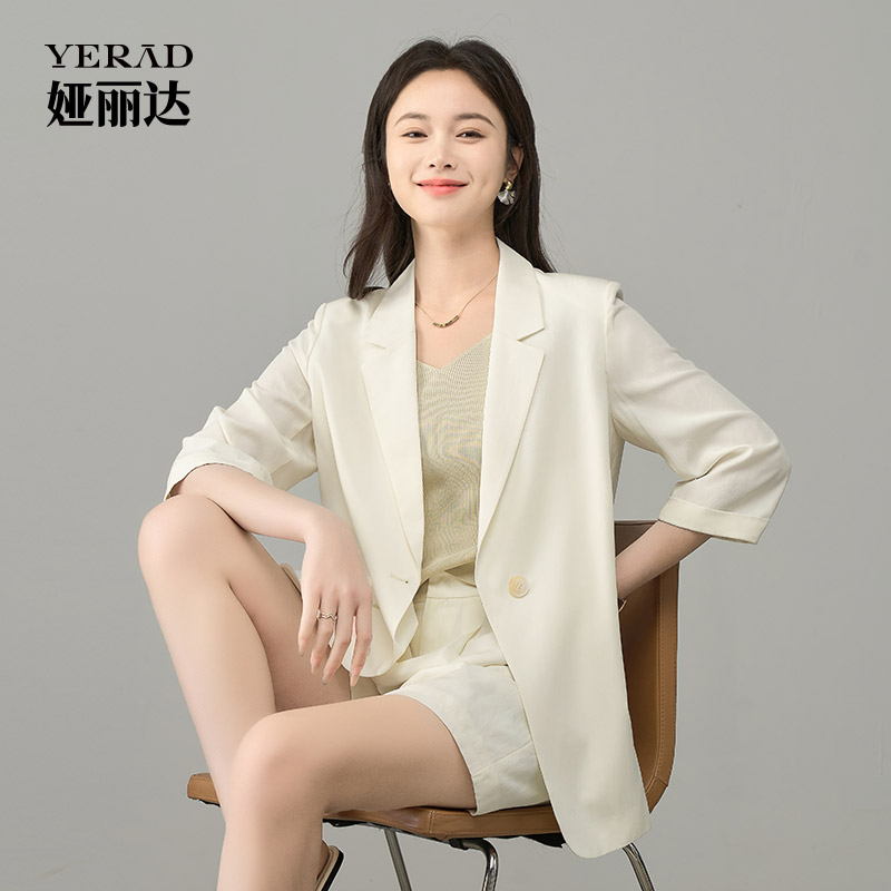 娅丽达亚麻职业休闲七分袖收腰西装外套女2025新款薄款春夏小西服