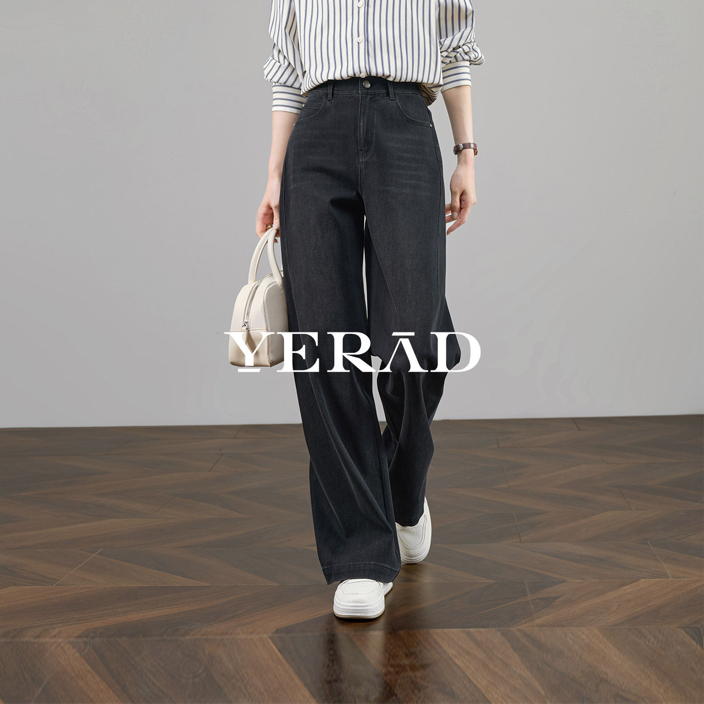 【弹力自由裤】娅丽达黑色阔腿牛仔裤女2025秋冬新款加绒直筒裤子