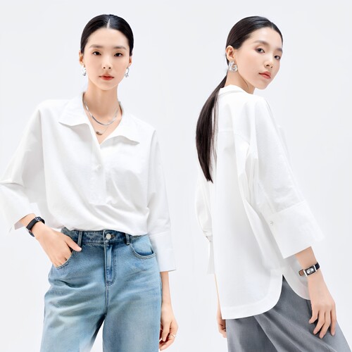 娅丽达通勤宽松七分袖白色衬衫女