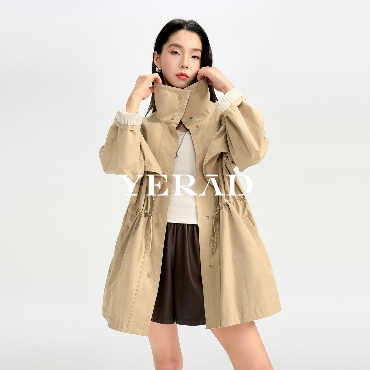 娅丽达工装翻领收腰中长风衣女秋
