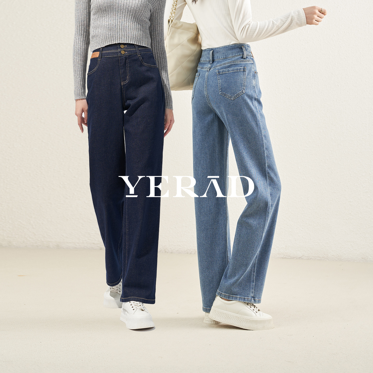 娅丽达防褪色高腰显瘦直筒牛仔裤