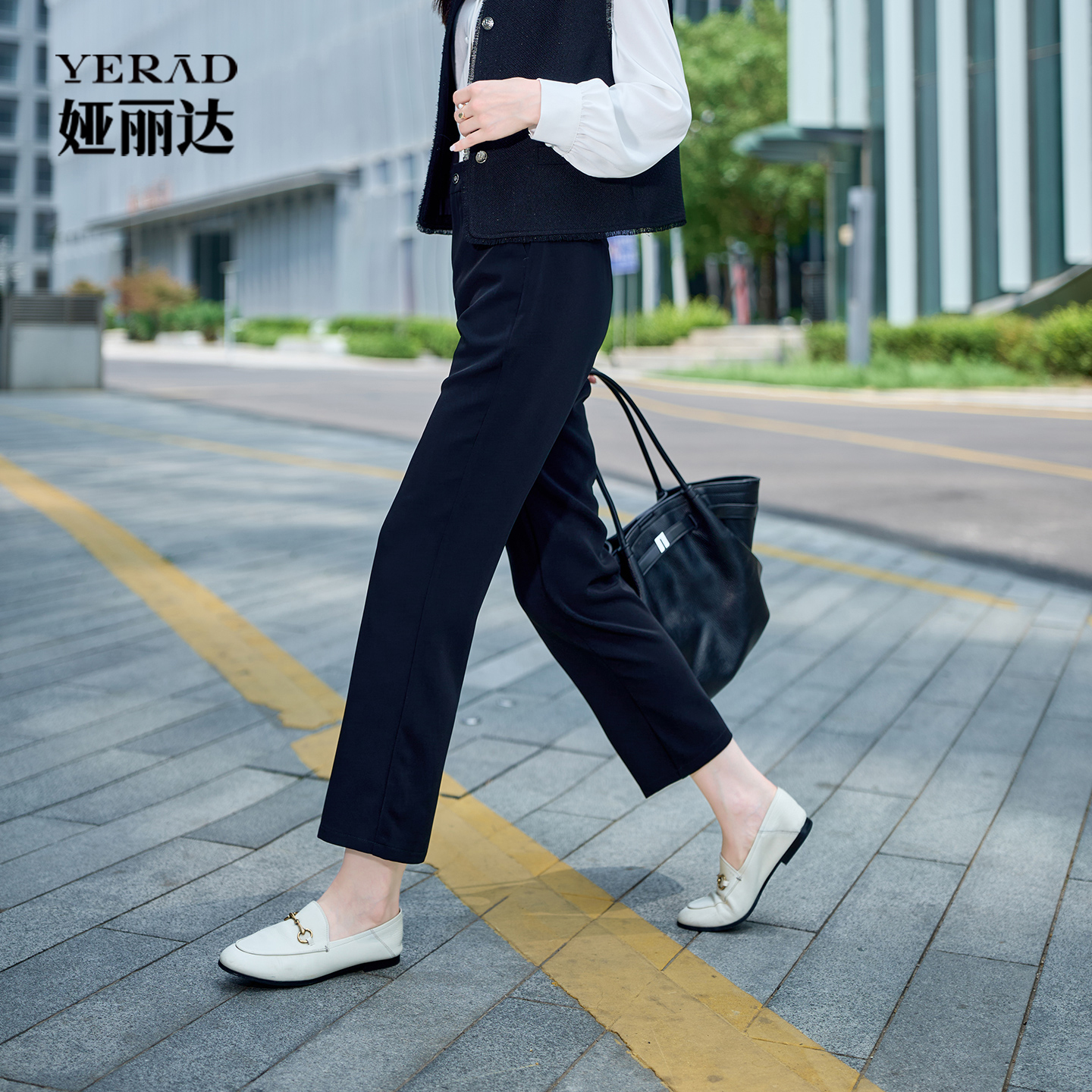 娅丽达通勤直筒裤黑色九分裤