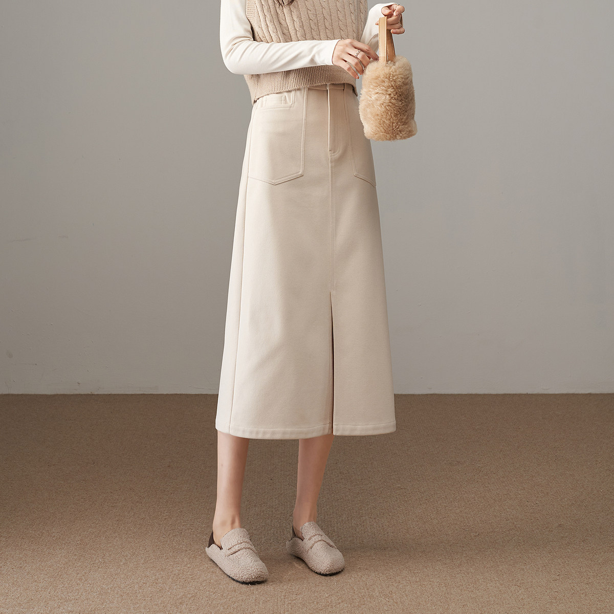 【文艺范半身裙】娅丽达前开叉仿毛呢半身裙女秋冬季高腰白色半裙