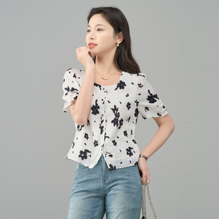方领碎花短袖 女夏季 娅丽达法式 衬衫 宽松优雅气质白色衬衣 新款 女装