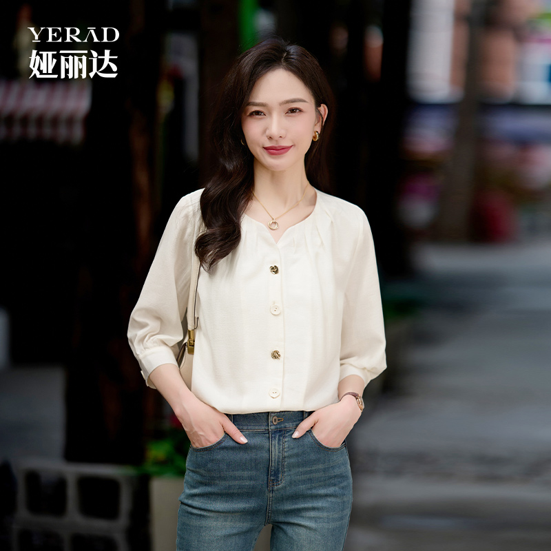 娅丽达法式气质醋酸短袖衬衫女夏季2025新款小衫小众上衣米色衬衣