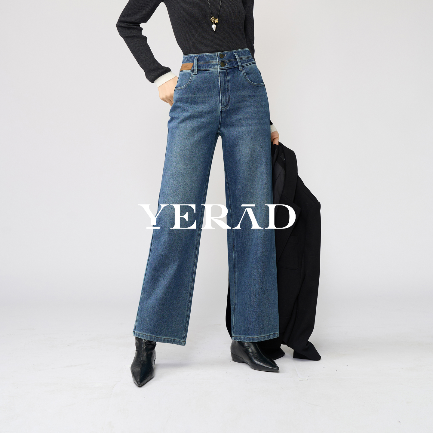 娅丽达暖绒弹力阔腿牛仔裤女冬