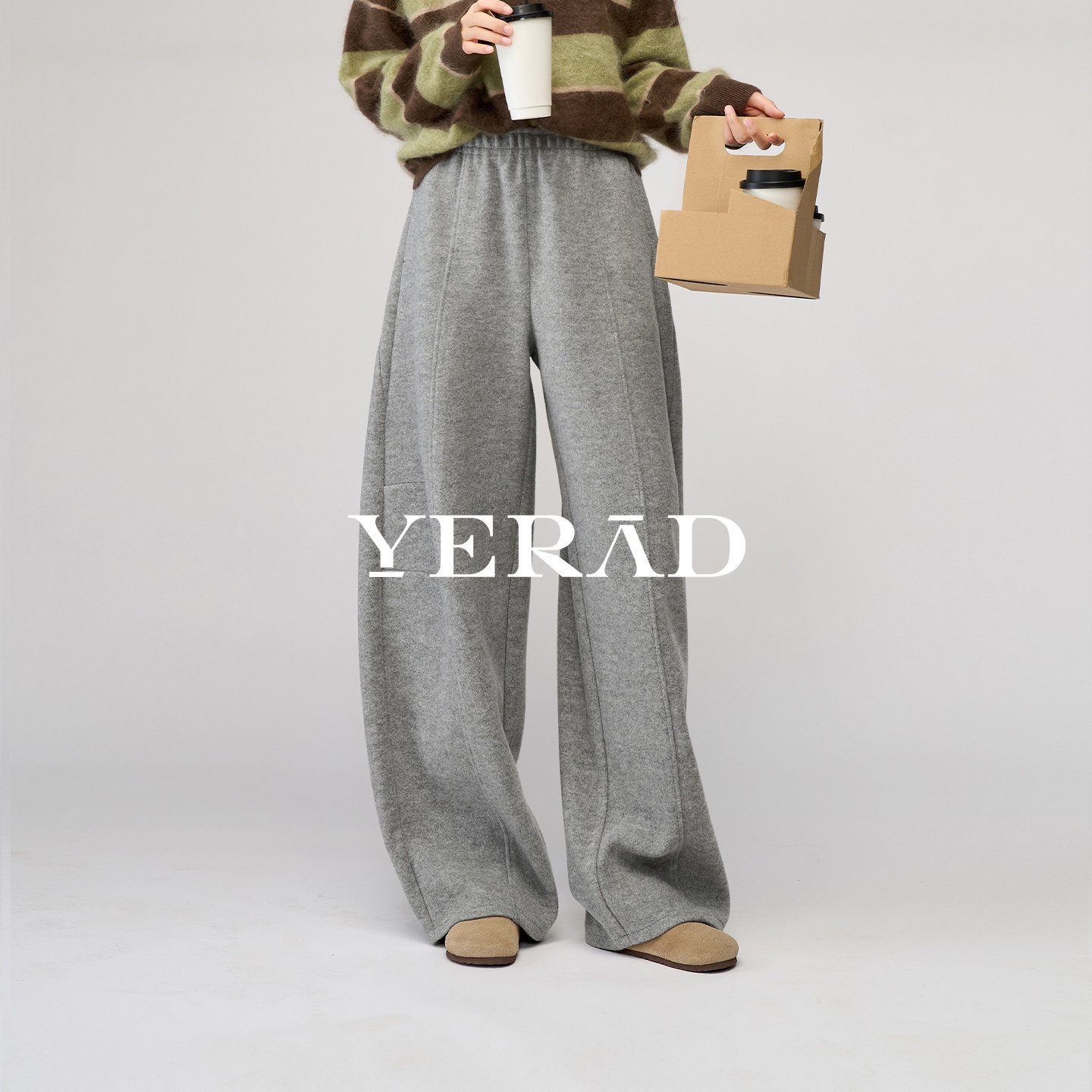 娅丽达针织羊毛休闲运动裤女2025冬季新款加厚裤子灰色卫裤弯刀裤