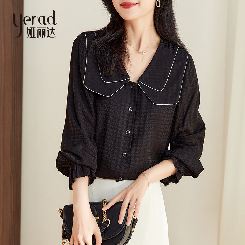 娅丽达黑色衬衫女2022年秋季新款宫廷风娃娃领荷叶袖小衫长袖衬衣