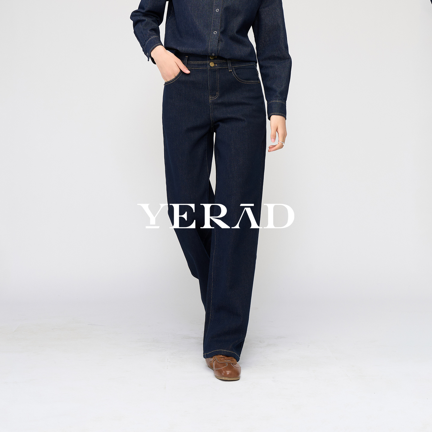 娅丽达防褪色高腰显瘦直筒牛仔裤