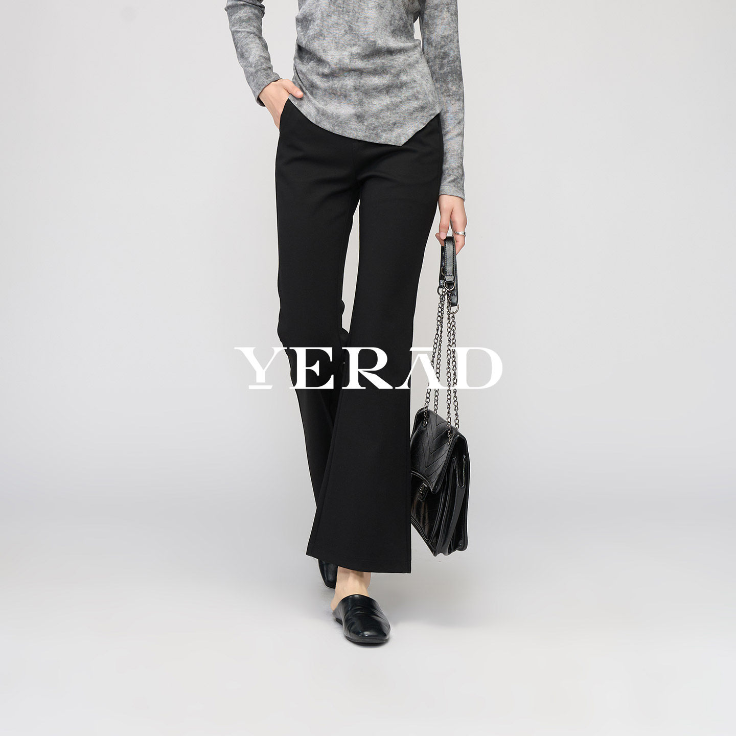 娅丽达修身喇叭裤女2026春新款西装裤小个子弹力黑色九分微喇裤子