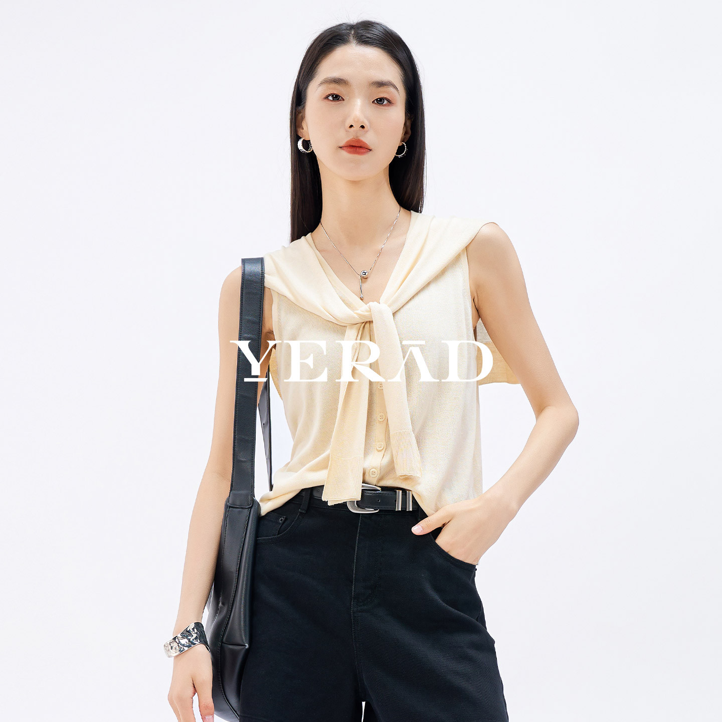 娅丽达简约气质披肩V领针织无袖T恤女夏季新款百搭休闲背心两件套