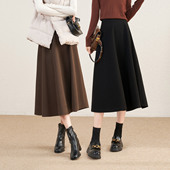 娅丽达高级仿毛呢黑色半身裙女冬季 大码 裙子通勤a字裙棕色长裙