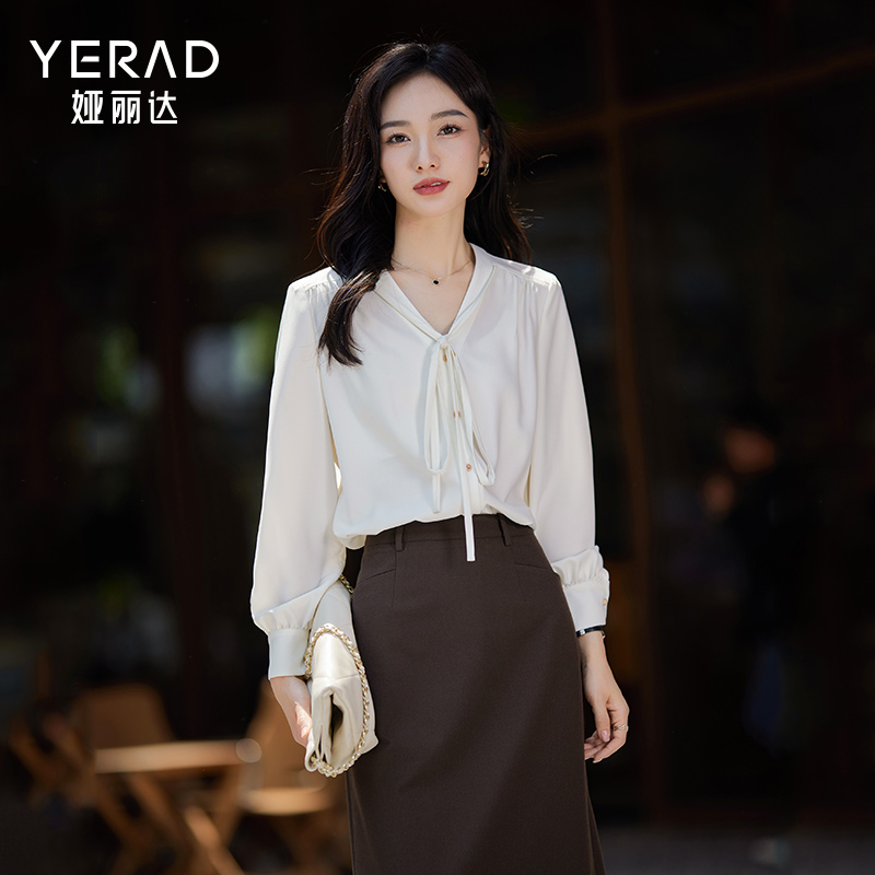 娅丽达法式别致优雅系带v领衬衫女2025春季新款上衣宽松长袖衬衣