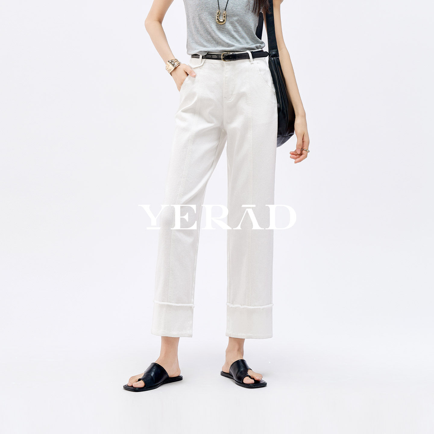 娅丽达女裤轻薄凉感牛仔裤女2026夏新款白色裤子宽松翻边中直筒裤