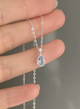 6iu6iu人鱼泪925纯银迷你水滴高级自然蓝色吊坠锁骨链女项链