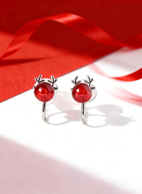 925纯银红色玛瑙鹿角耳夹女无耳洞可爱小众设计高级感新款耳饰