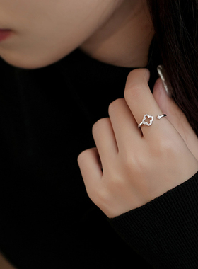 s925纯银高级镂空四叶草微镶满钻可调戒指2025新款设计感女款百搭