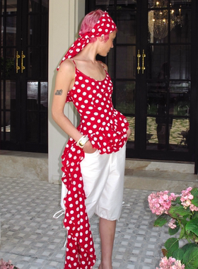 AXIS OF 弗拉明戈红色大波点吊带女夏季不规则上衣