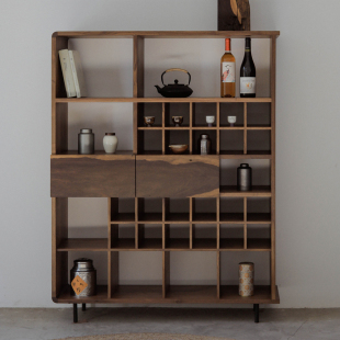 野木1978木之呼吸茶杯架侘寂风博古架黑檀自然边实木展示柜茶室