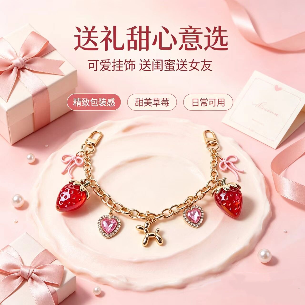 时尚气质草莓爱心链子石红色樱桃首饰包包吊饰饰品简约包包挂链