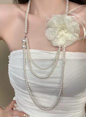 法式复古温柔蕾丝花朵珍珠项链女轻奢复古高级感锁骨链气质配饰品