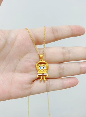 可爱搞怪金色海绵宝宝吊坠项链女小众设计高级感锁骨链轻奢配饰品
