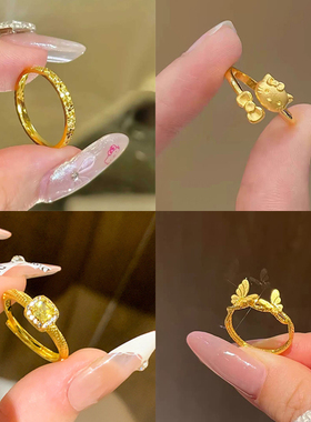 发财暴富金色素圈戒指女款轻奢复古高级感食指戒精致小众百搭指环