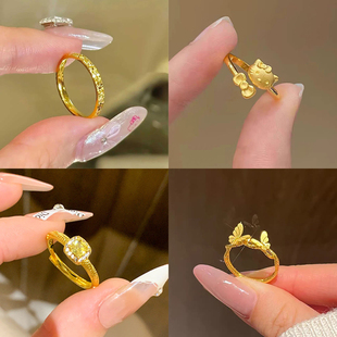 发财暴富金色素圈戒指女款轻奢复古高级感食指戒精致小众百搭指环