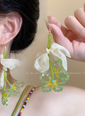 海岛度假风花朵耳钉多巴胺夏日海边绿色耳环女夸张辣妹风小众耳饰