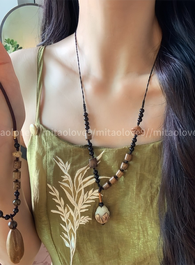 新中式菩提橄榄吊坠项链女民族风复古长款毛衣链小众百搭颈链配饰