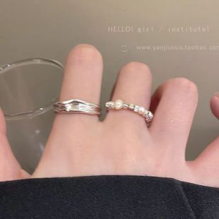 法式 珍珠碎银子戒指女款 复古高级感食指戒小众设计冷淡风轻奢指环