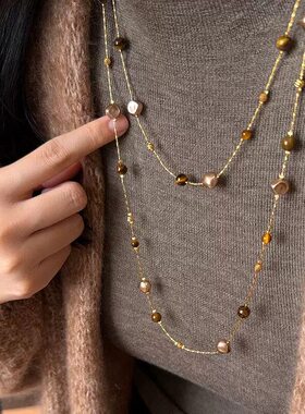 美拉德双层叠戴虎眼石项链女复古港风轻奢长款毛衣链小众百搭配饰