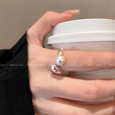 银色异形珍珠开口戒指女轻奢高级感简约食指戒个性时尚冷淡风指环
