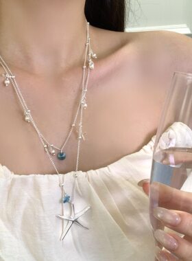 海边度假风蓝色双层叠戴项链女小众设计长款挂脖颈链高级感锁骨链