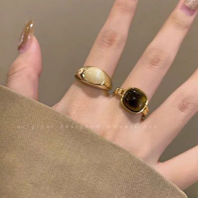 琥珀咖色天然石开口戒指女复古小众设计食指戒轻奢高级感装饰指环