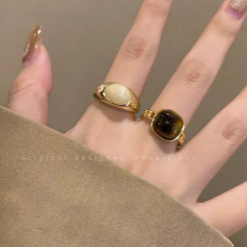 琥珀咖色天然石开口戒指女复古小众设计食指戒轻奢高级感装饰指环