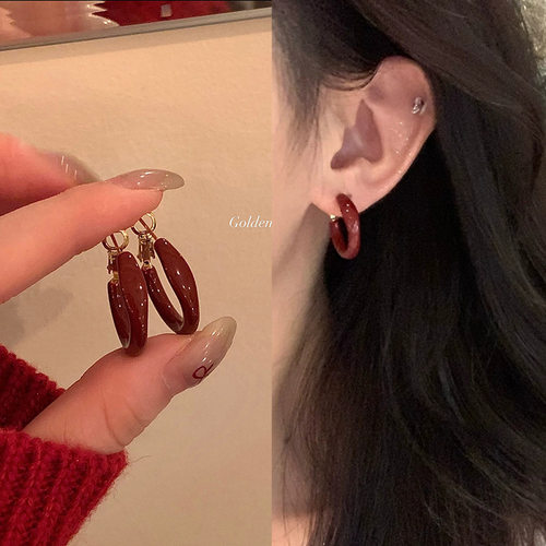 简约红色小耳圈小众设计感秋冬高级耳环女轻奢复古百搭时尚耳饰品