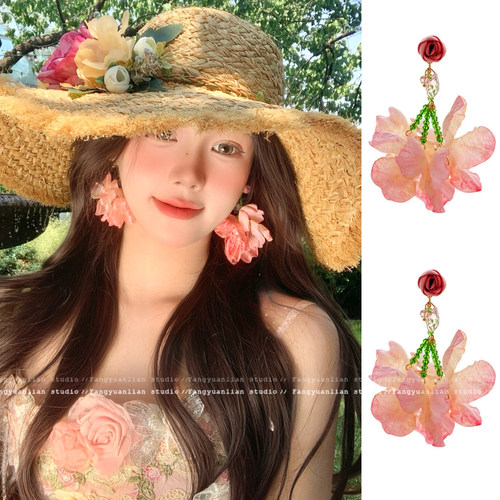 晕染彩色干枯玫瑰花朵耳钉夸张小众高级感耳环女度假风海边耳饰品