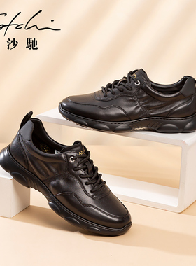 沙驰男鞋黑男士休闲皮鞋男款旗舰店新款牛皮简约轻便百搭时尚青年