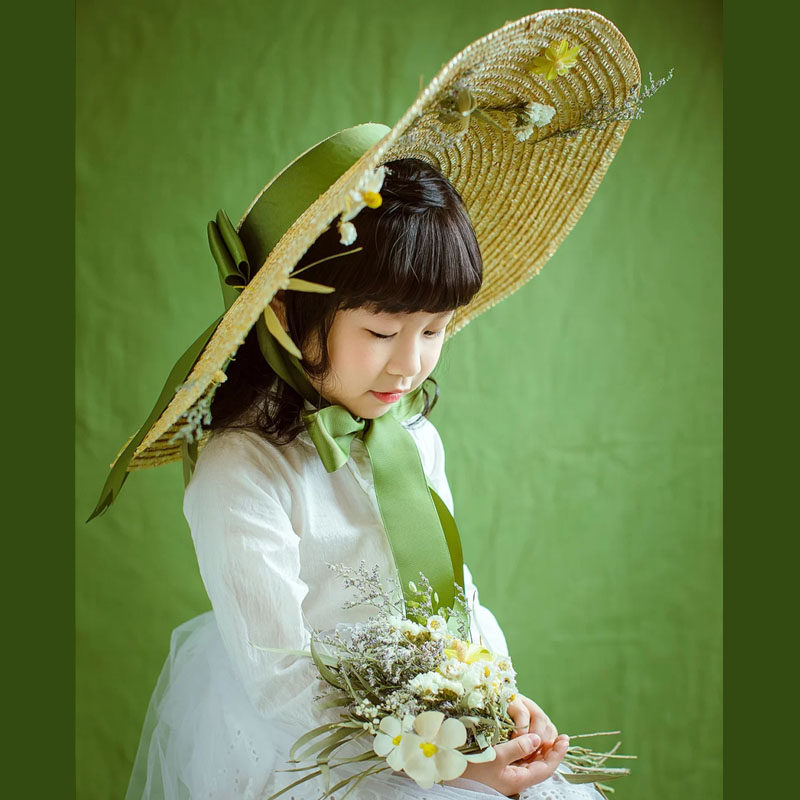 影楼婚纱摄影道具儿童复古旅拍时尚超大帽子大檐平顶沙滩丝带草帽