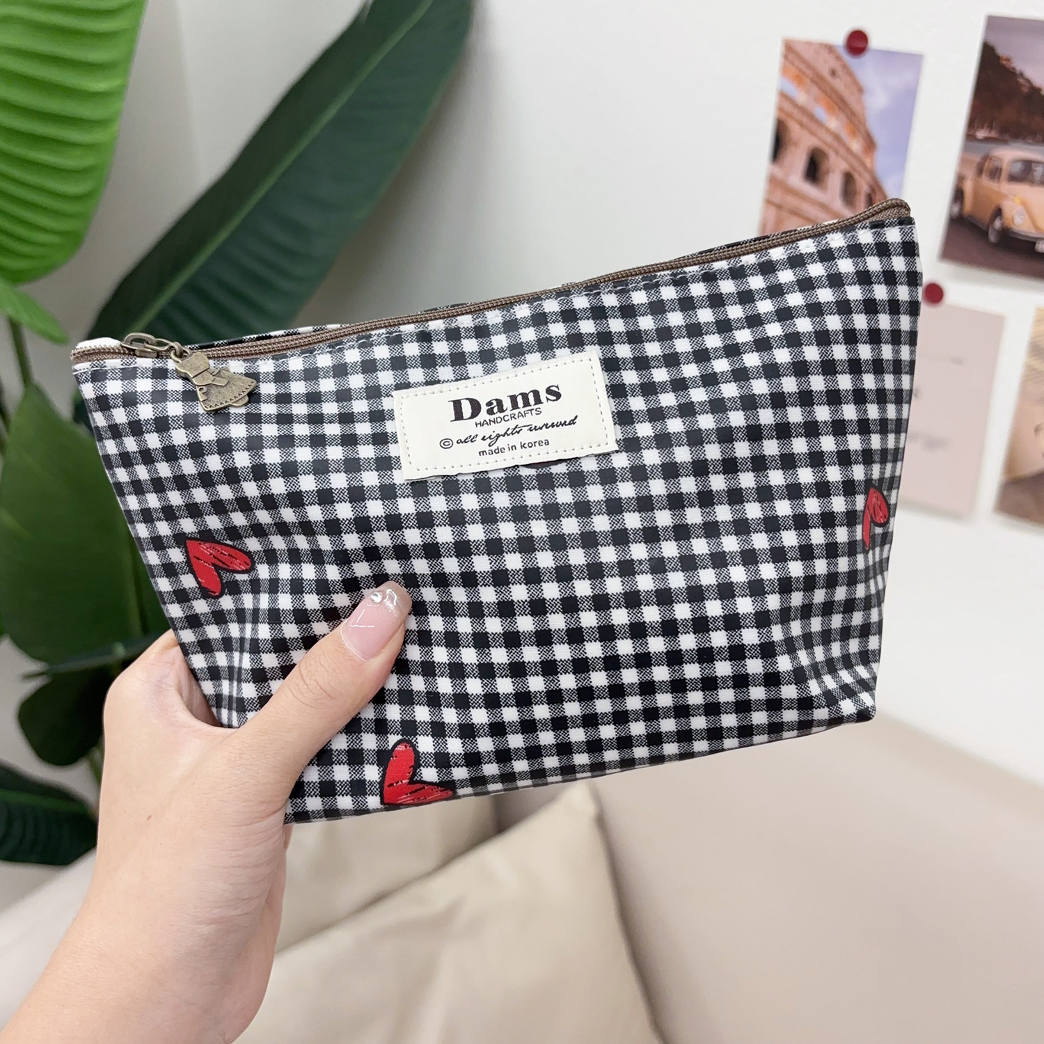 韩国红色爱心黑白格子格纹化妆包