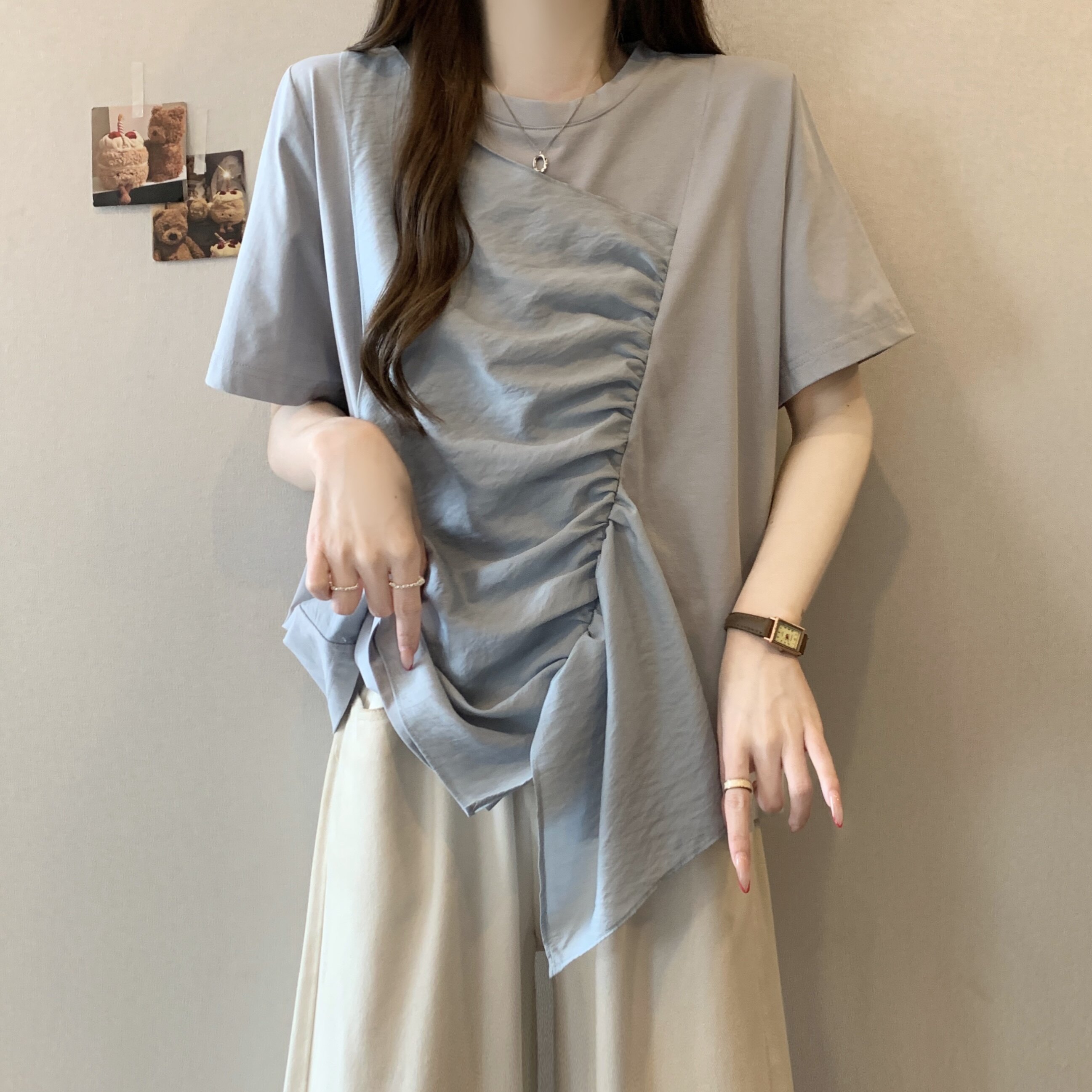 实拍大码女装2026夏新款设计感小众纯色圆领拼接雪纺假两件短袖T
