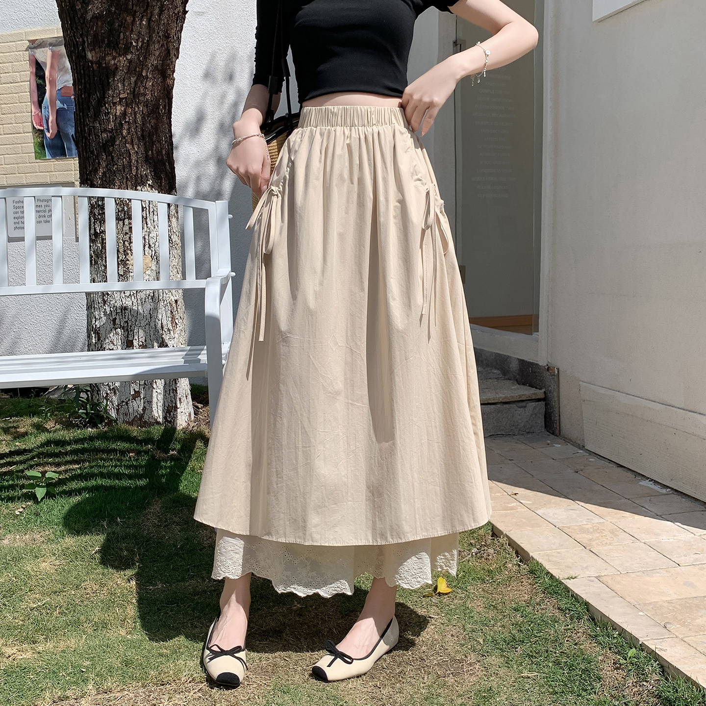 实拍蕾丝花边半身裙女夏2026新款蝴蝶结高腰显瘦a字裙中长裙口袋
