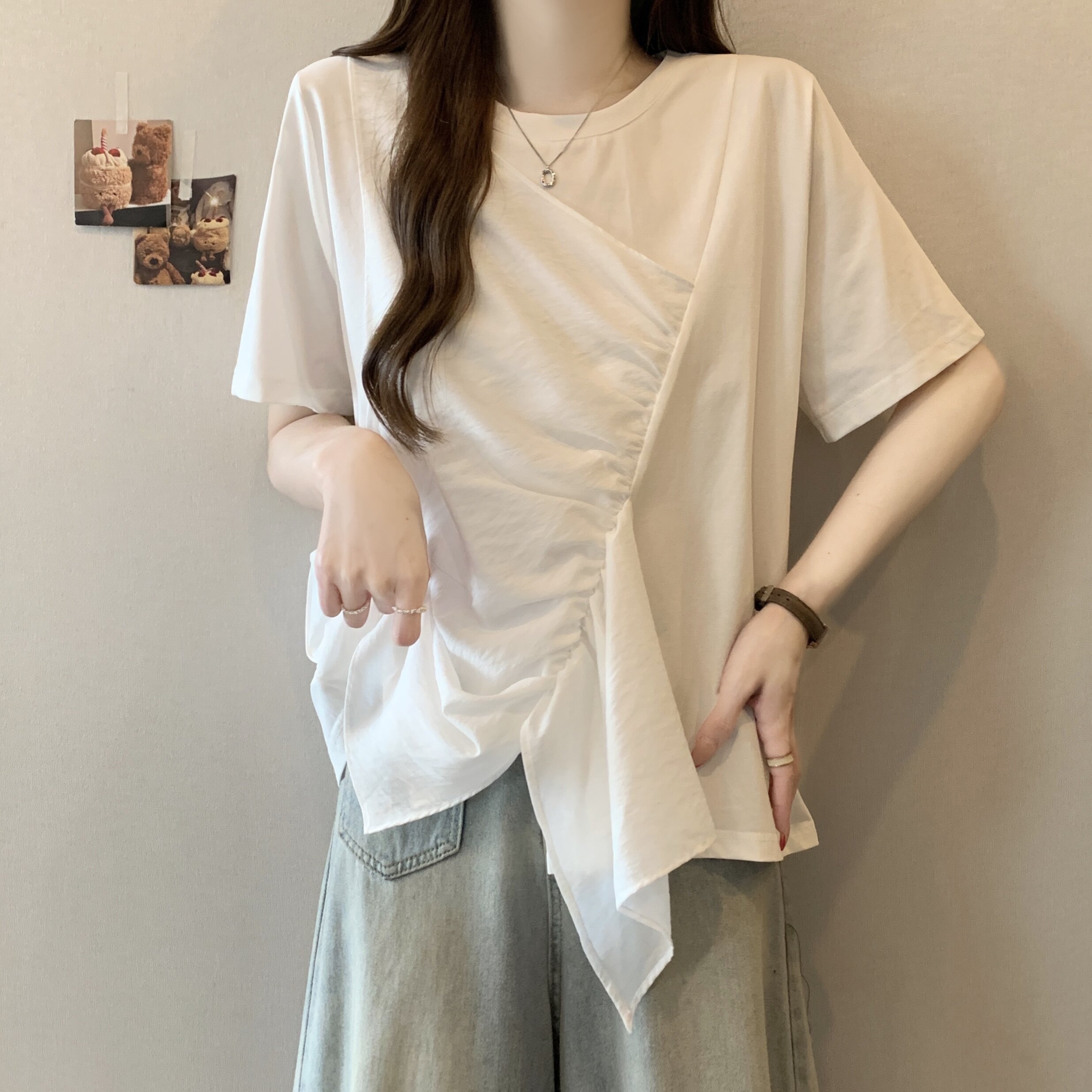 实拍大码女装2026夏新款设计感小众纯色圆领拼接雪纺假两件短袖T