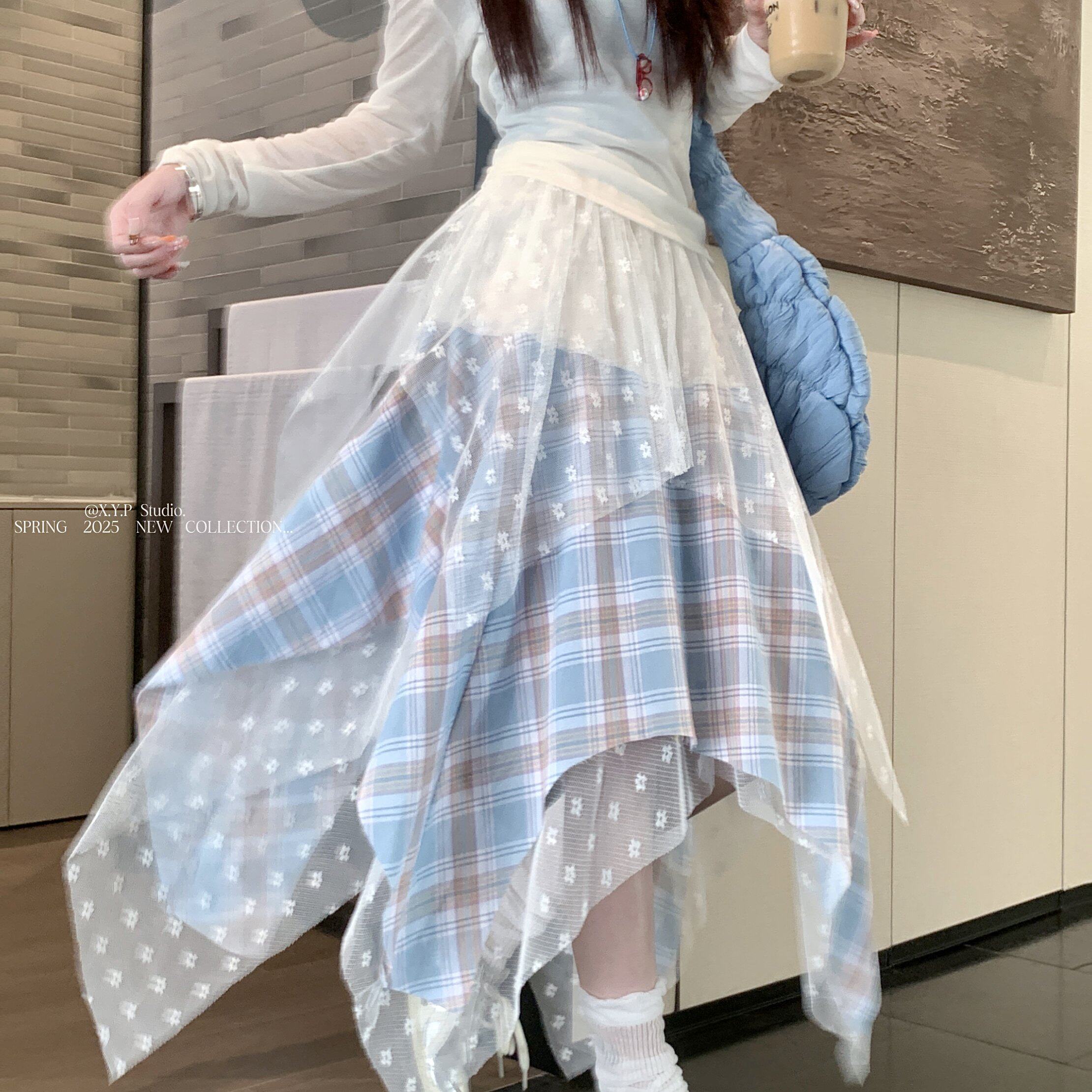 实拍设计感不规则蕾丝拼接格子半身裙女2025新款韩系甜美网纱裙子