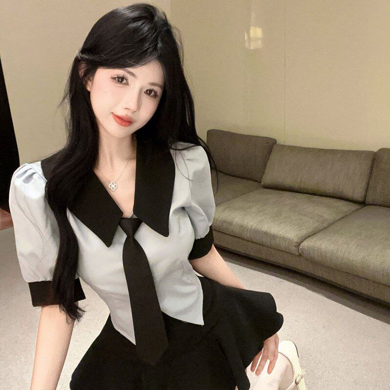 实拍实价 学院风辣妹jk制服套装撞色衬衫上衣高腰蓬蓬裙裤两件套