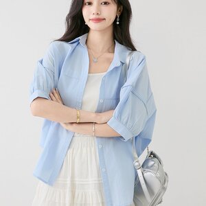 已出货蓝色衬衫中袖夏季新款宽松显瘦休闲上衣设计感别致纯棉衬衣