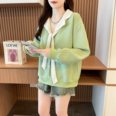 实拍 秋季韩版潮圆领宽松提花翻领领带大码薄款卫衣